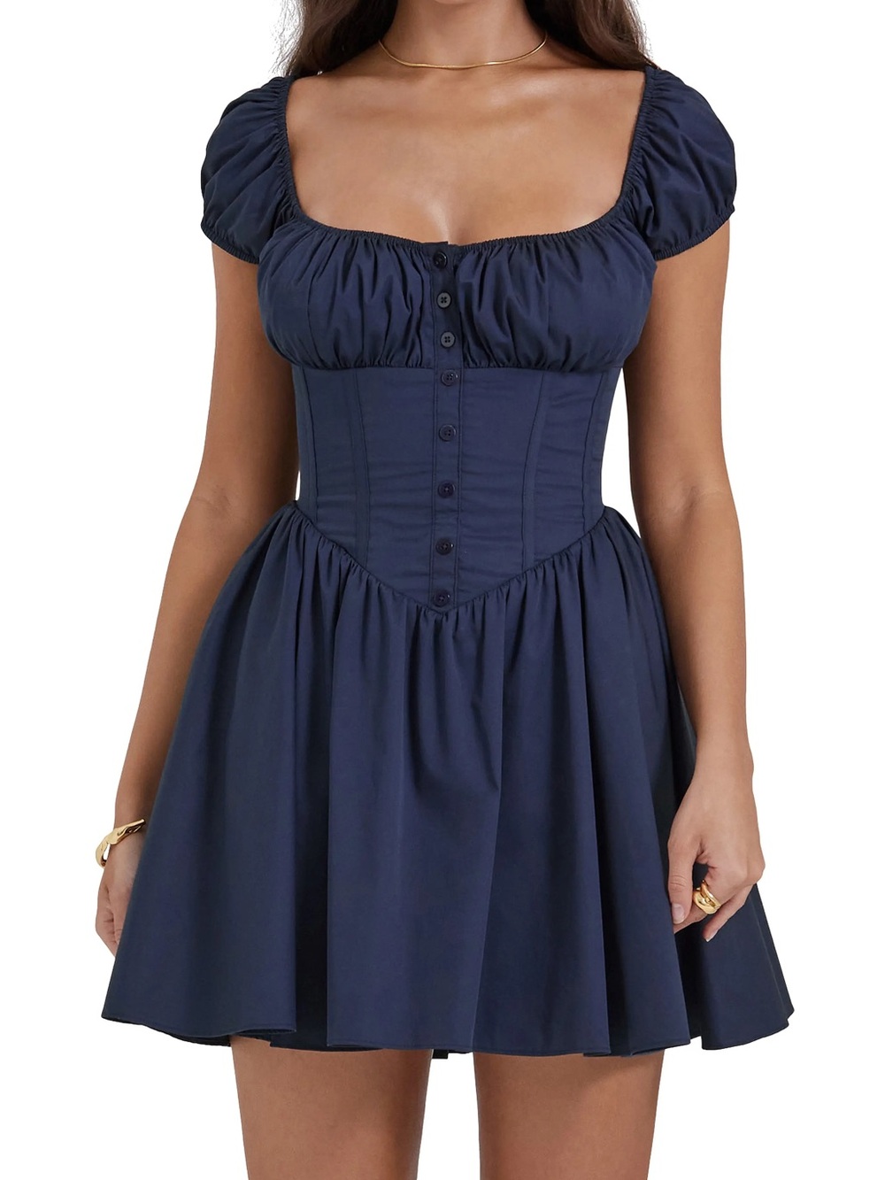 HOUSE OF CB Nala Puff Sleeve Cotton Blend Minidress XS NAVY NEW